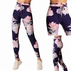 Celestine Lace Up Ruffle Waistband Leggings Size Small Peony Floral High Rise